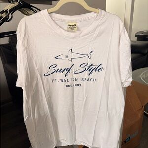 Surf Style White Tee with Navy Shark Graphic